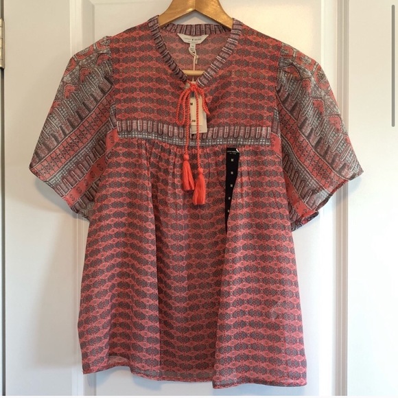 Lucky Brand | Sheer Short Sleeve Peasant Top - Picture 2 of 8